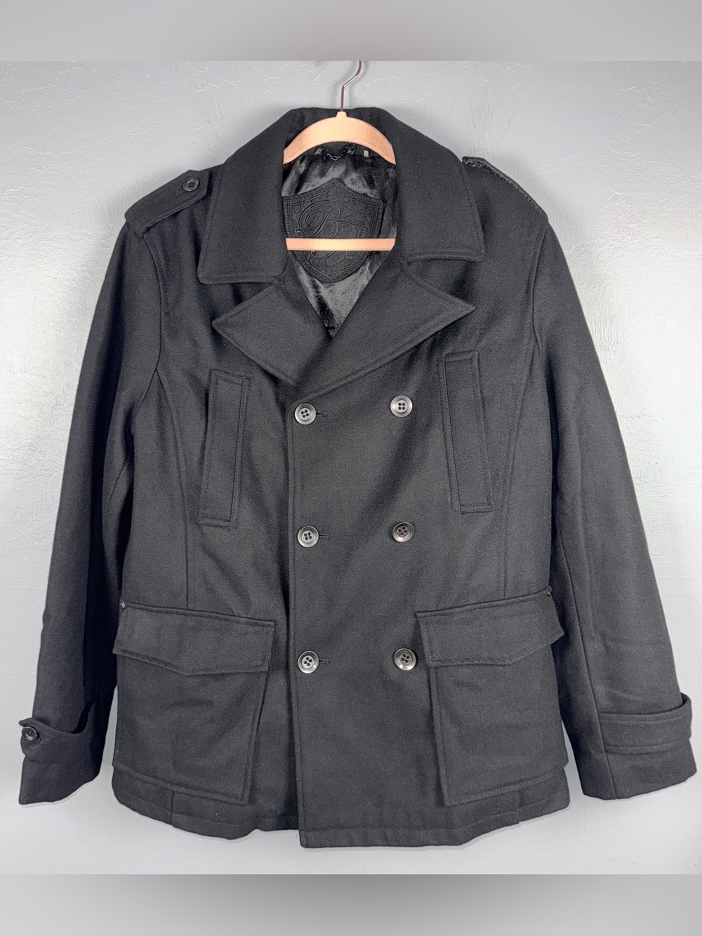 Black Rivet Double-Breasted Peacoat Mens Medium Black Wool Blend Utilitarian